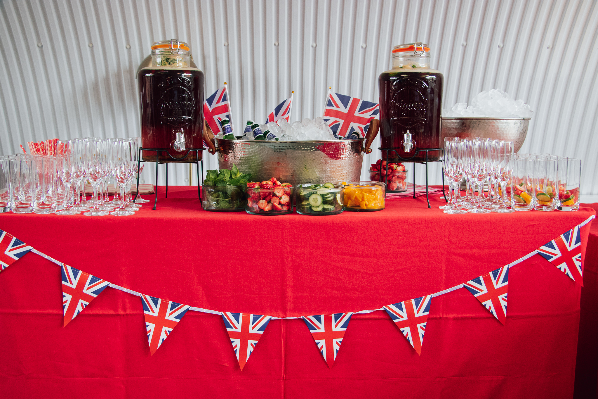 party drinks on table with bunting