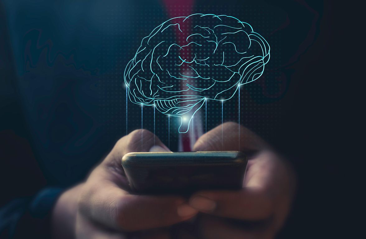Hand use mobile phone and human head with line brain network technology for global