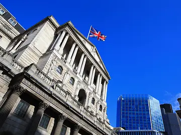 upward view of the Bank of England against background of blue skies