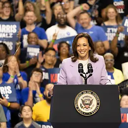 Kamala Harris stood behind lecturn