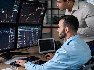 Two analysts looking at screens with data