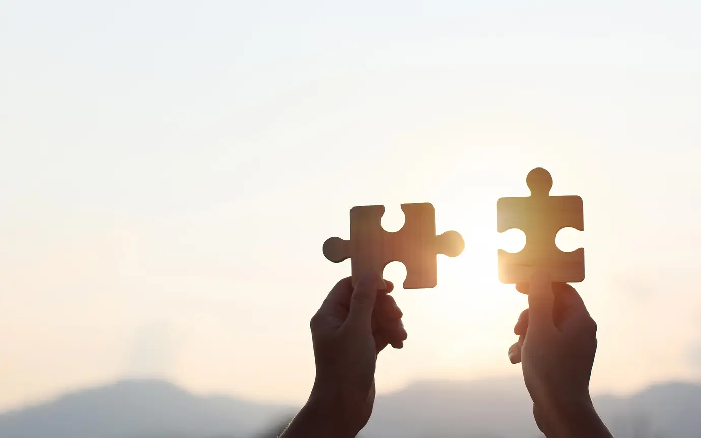 Hands are raised against a bright, white sky, each holding a piece of a wooden jigsaw puzzle.