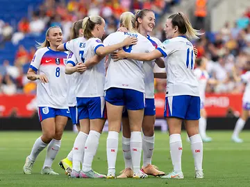 Barcelona, ​​Spain - June 3, 2025: World Cup qualifier between Spain and England. Women's soccer. England national team celebrating,