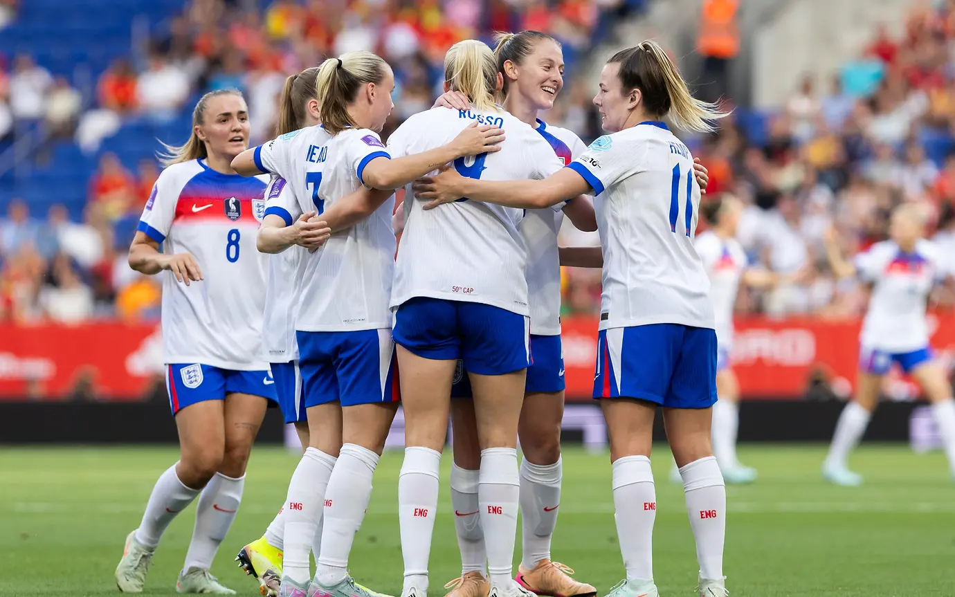 Barcelona, ​​Spain - June 3, 2025: World Cup qualifier between Spain and England. Women's soccer. England national team celebrating,