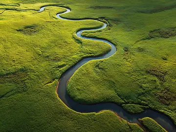 Aerial view of a winding river flowing