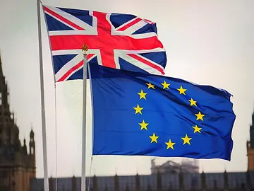 Union Jack and European Union flags flying in London