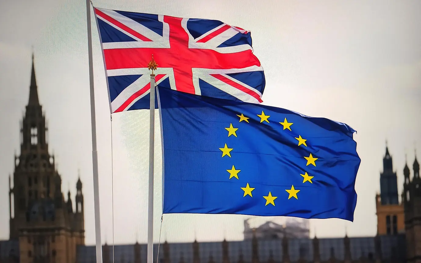Union Jack and European Union flags flying in London