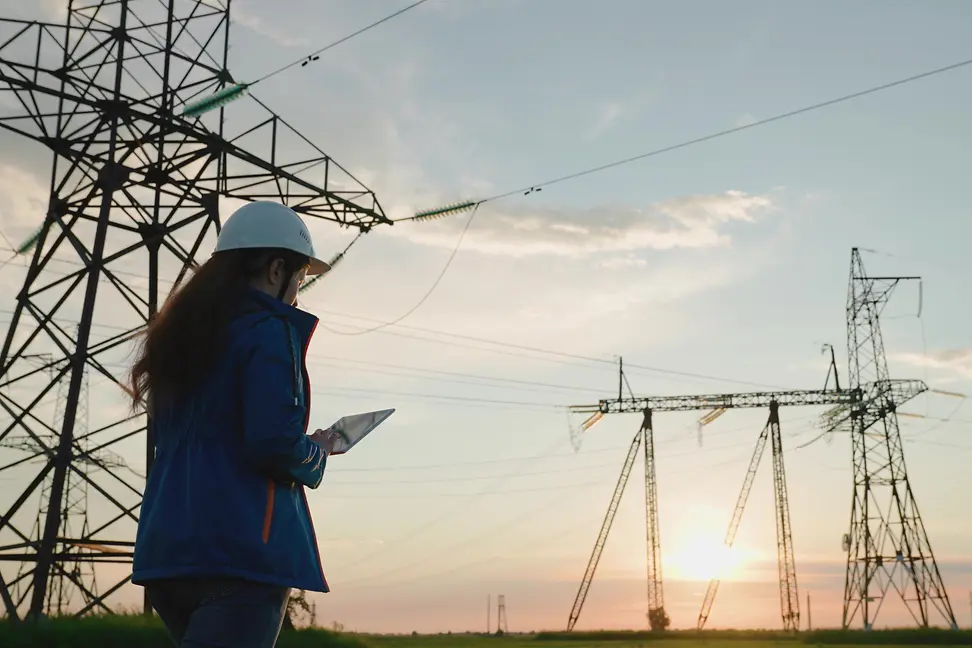 Woman Electricity supply company employee works outdoors, services high voltage electric lines at sunset. Engineer woman power engineer in white helmet checks power line using computer tablet
